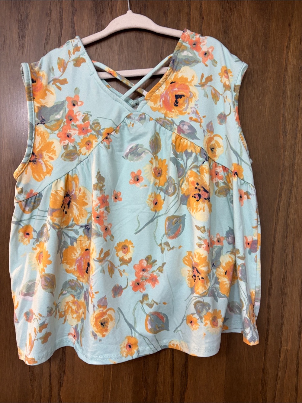 Floral Sleeveless V-Neck Tank Top in Light Blue and Yellow